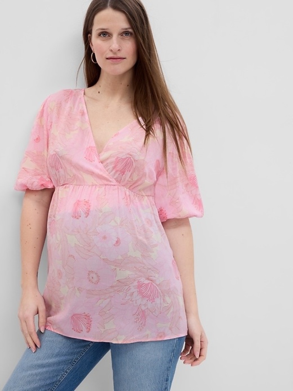 GAP Maternity Pink Floral Wrap V-Neck Short Sleeve Blouse Top Size Large L